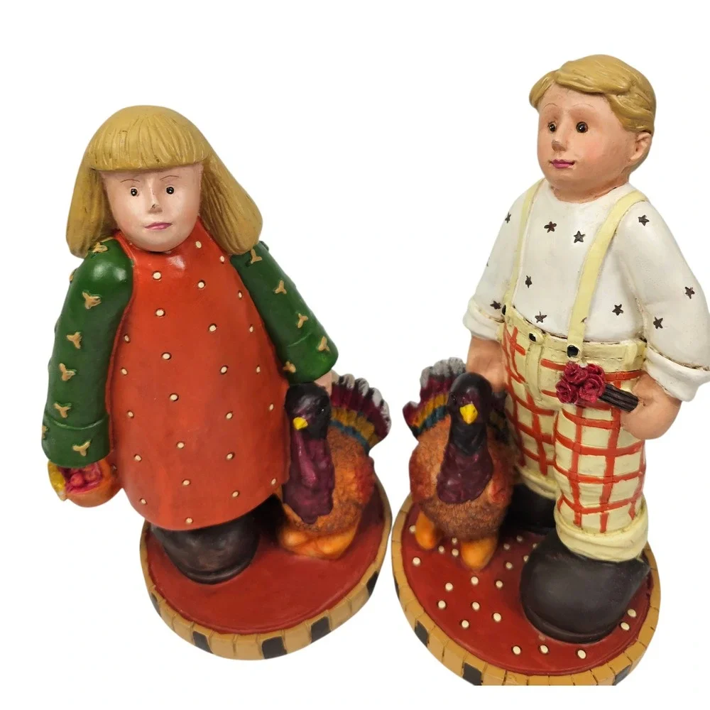 Midwest of Cannon Falls Thanksgiving Pilgrim Boy‎ Girl Turkey Figurines Set 2